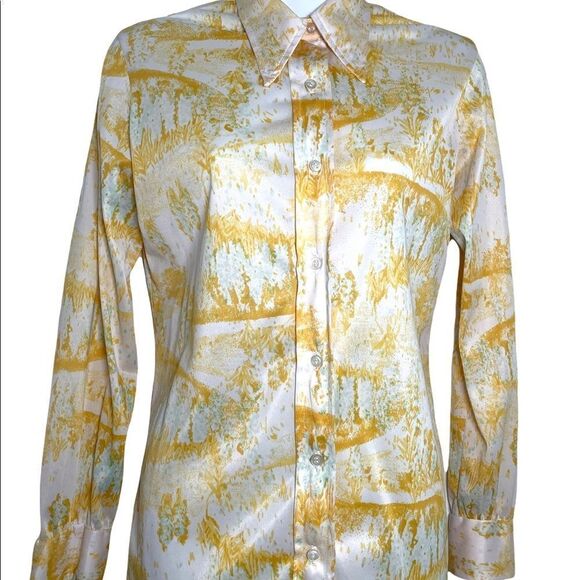 Vintage 1970s Vera Button Down Geometric Long Sleeve Shirt M Saffron Marigold - Picture 8 of 15